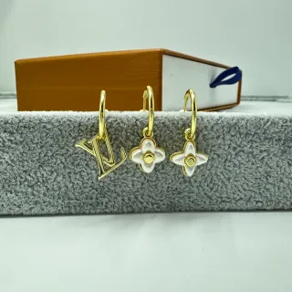 Louis Vuitton Monogram Flower Gold White Hoop Pendant Earrings