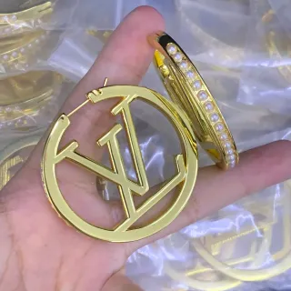 Louis Vuitton Monogram Hoop Gold White Metal Open Logo Earrings