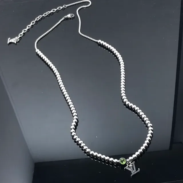 Louis Vuitton Monogram Pendant Necklace Silver Green Ball-Chain Necklace 4