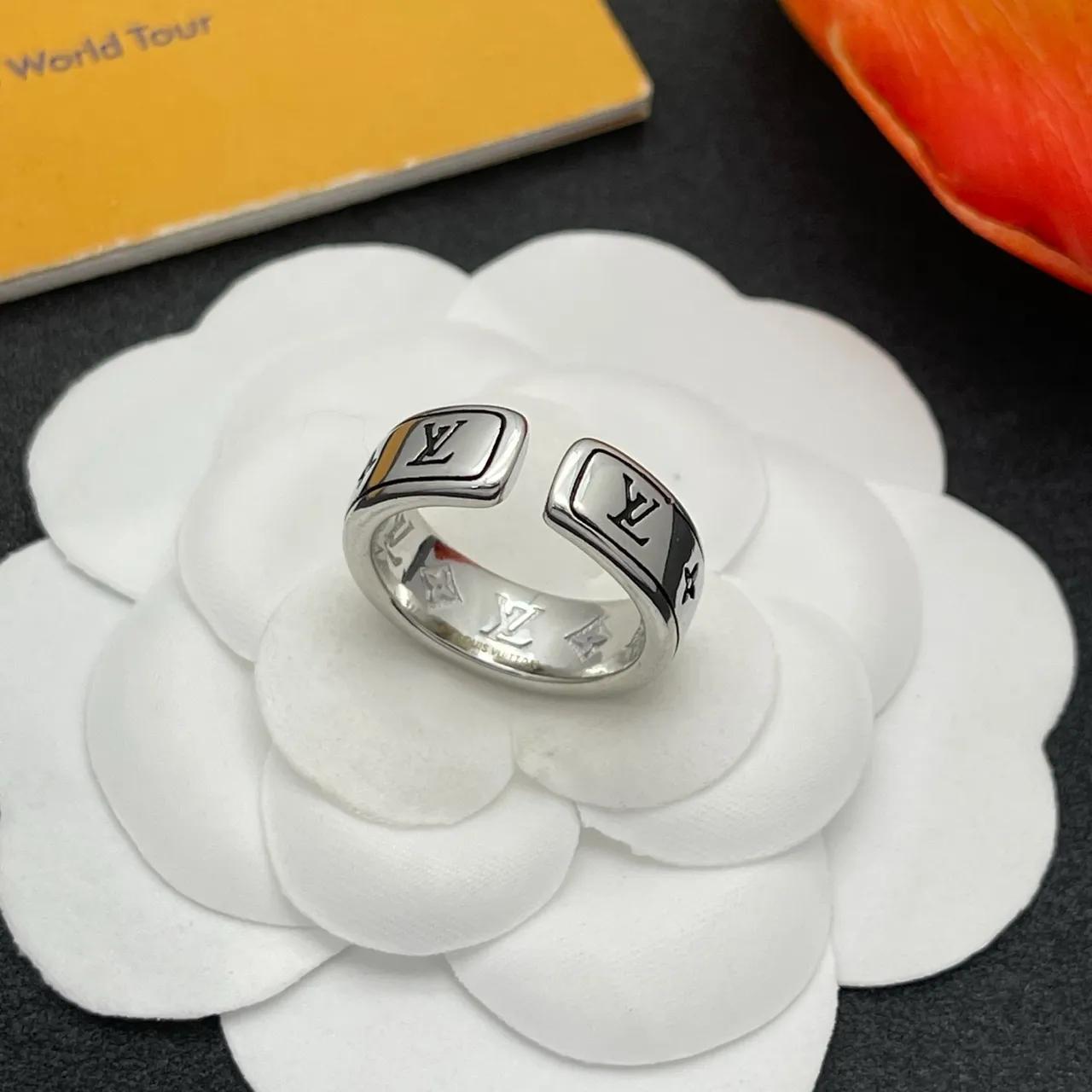 Louis Vuitton Monogram Ring Silver Black Wide Band Engraved Ring 4