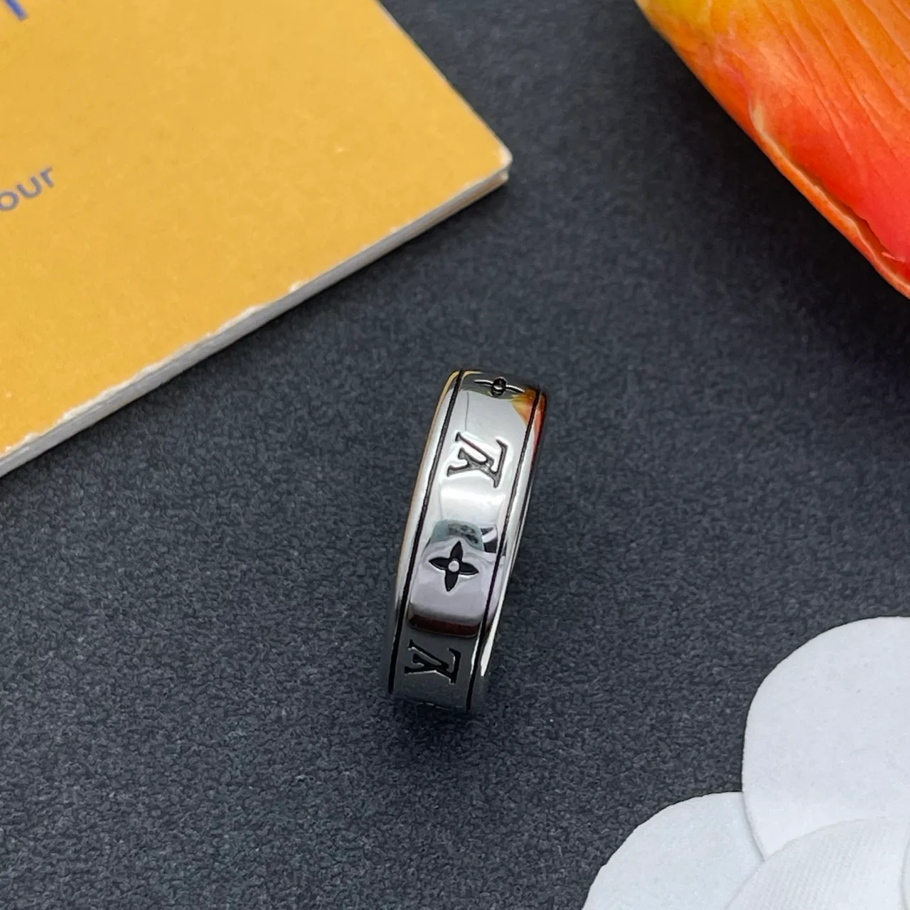 Louis Vuitton Monogram Ring Silver Black Wide Band Engraved Ring 6