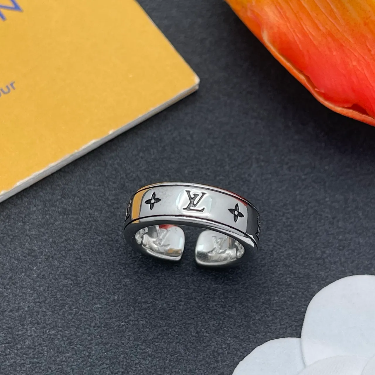 Louis Vuitton Monogram Ring Silver Black Wide Band Engraved Ring 7