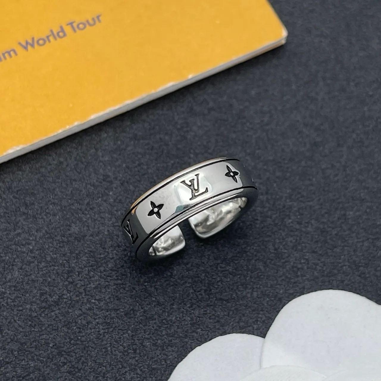 Louis Vuitton Monogram Ring Silver Black Wide Band Engraved Ring 8