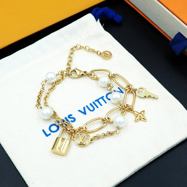 Louis Vuitton Multi-Charm Pearl and Gold-Tone Chain Bracelet 4