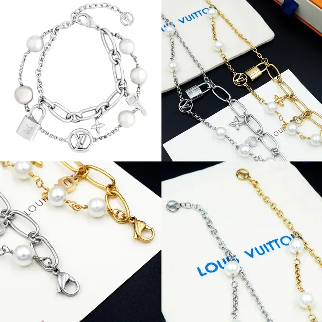Louis Vuitton Multi-Charm Pearl and Gold-Tone Chain Bracelet 9