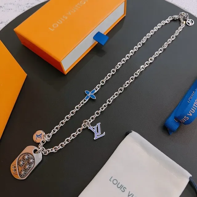Louis Vuitton Multi Charm Silver Blue Chain Necklace 3