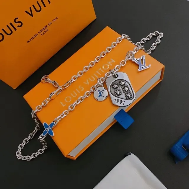 Louis Vuitton Multi Charm Silver Blue Chain Necklace 8