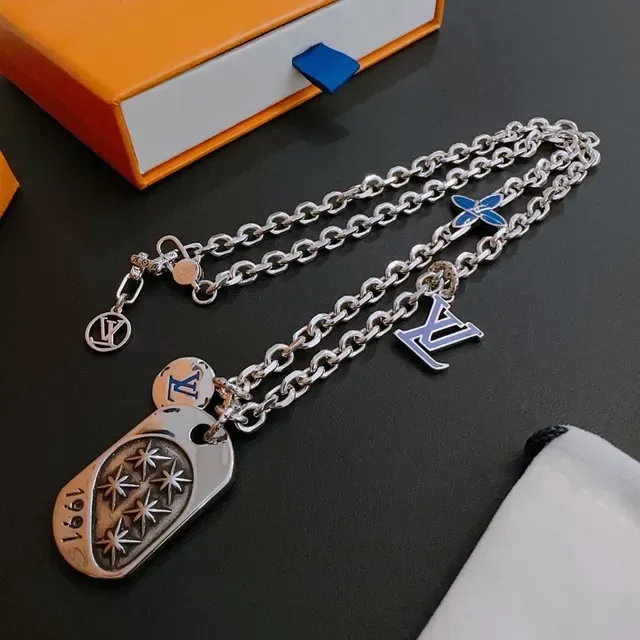 Louis Vuitton Multi Charm Silver Blue Chain Necklace 9
