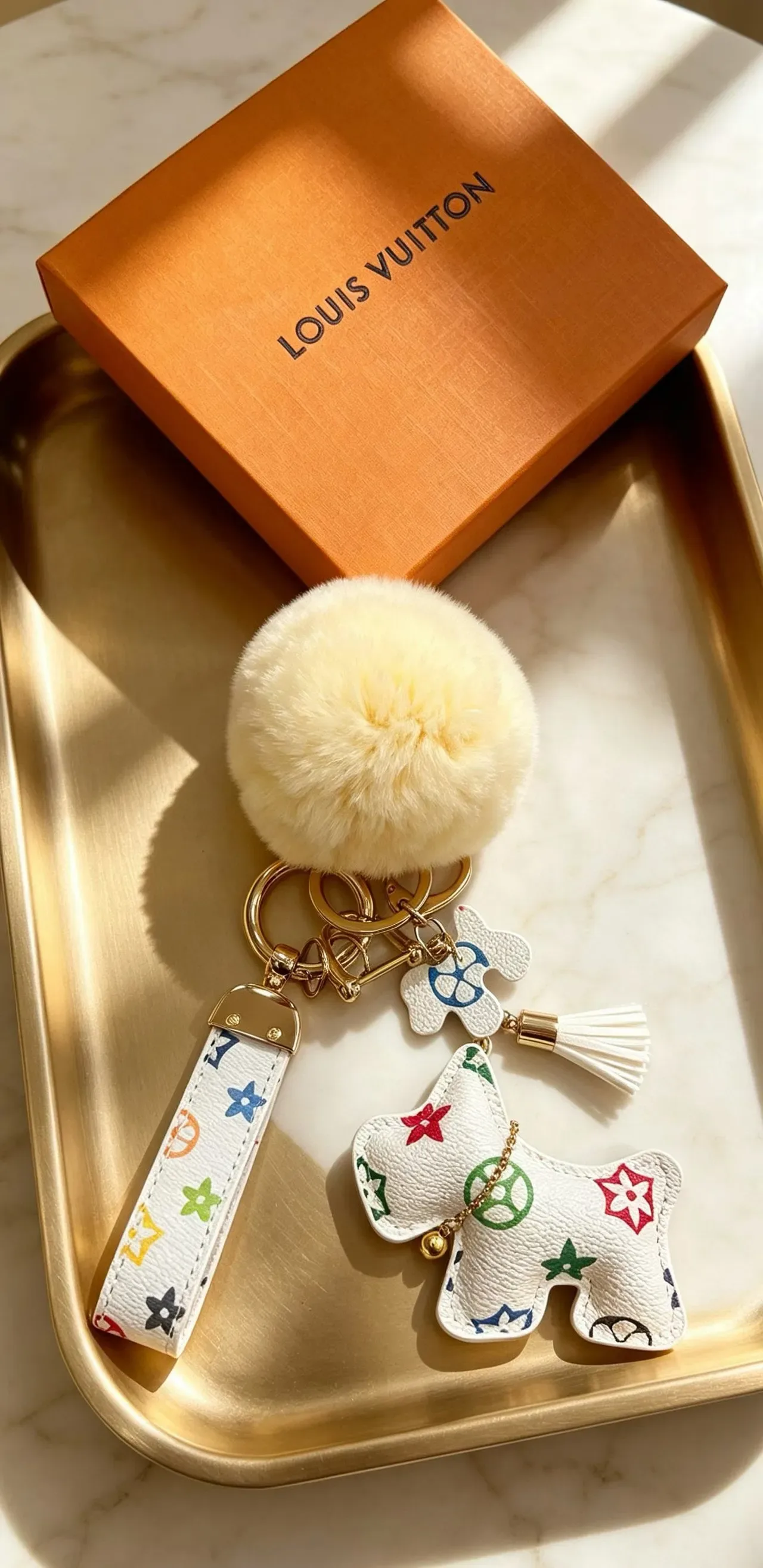 Louis Vuitton Multicolor Beige Monogram Leather Cream Faux-Fur Pom-Pom Phone Accessory 1