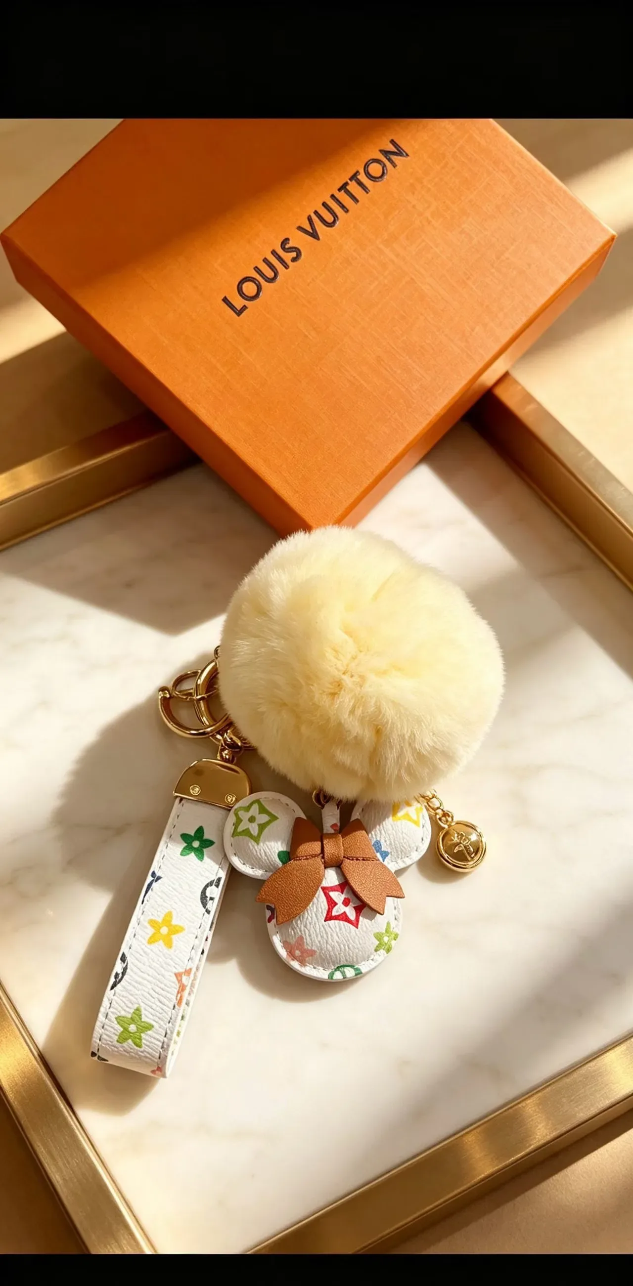 Louis Vuitton Multicolor Beige Monogram Leather Cream Faux-Fur Pom-Pom Phone Accessory 2