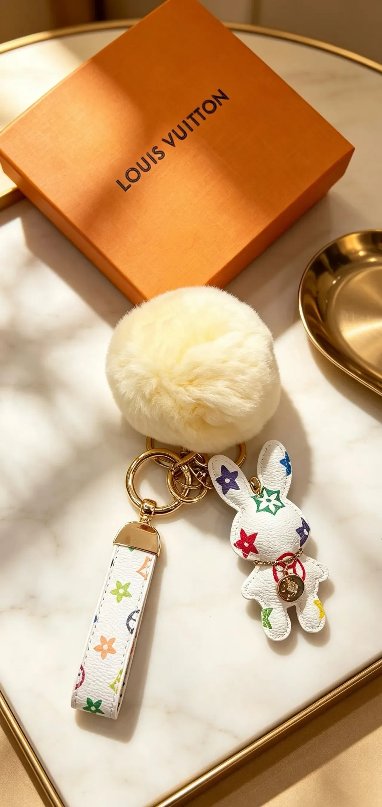 Louis Vuitton Multicolor Beige Monogram Leather Cream Faux-Fur Pom-Pom Phone Accessory 3