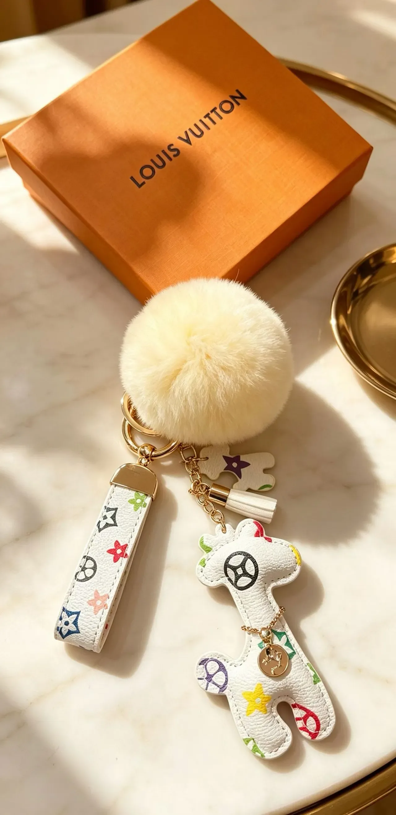 Louis Vuitton Multicolor Beige Monogram Leather Cream Faux-Fur Pom-Pom Phone Accessory 4