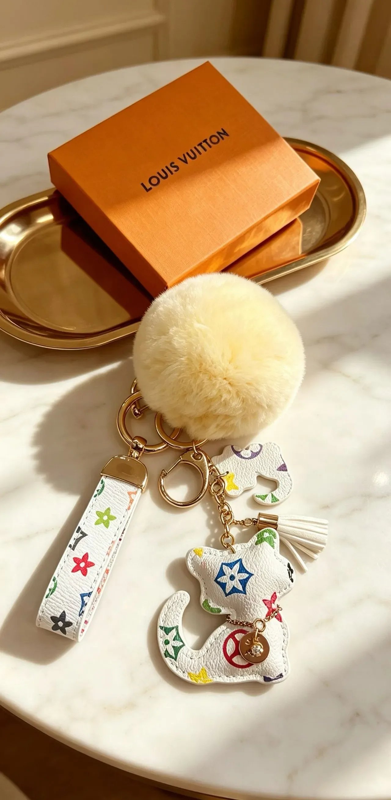 Louis Vuitton Multicolor Beige Monogram Leather Cream Faux-Fur Pom-Pom Phone Accessory 5
