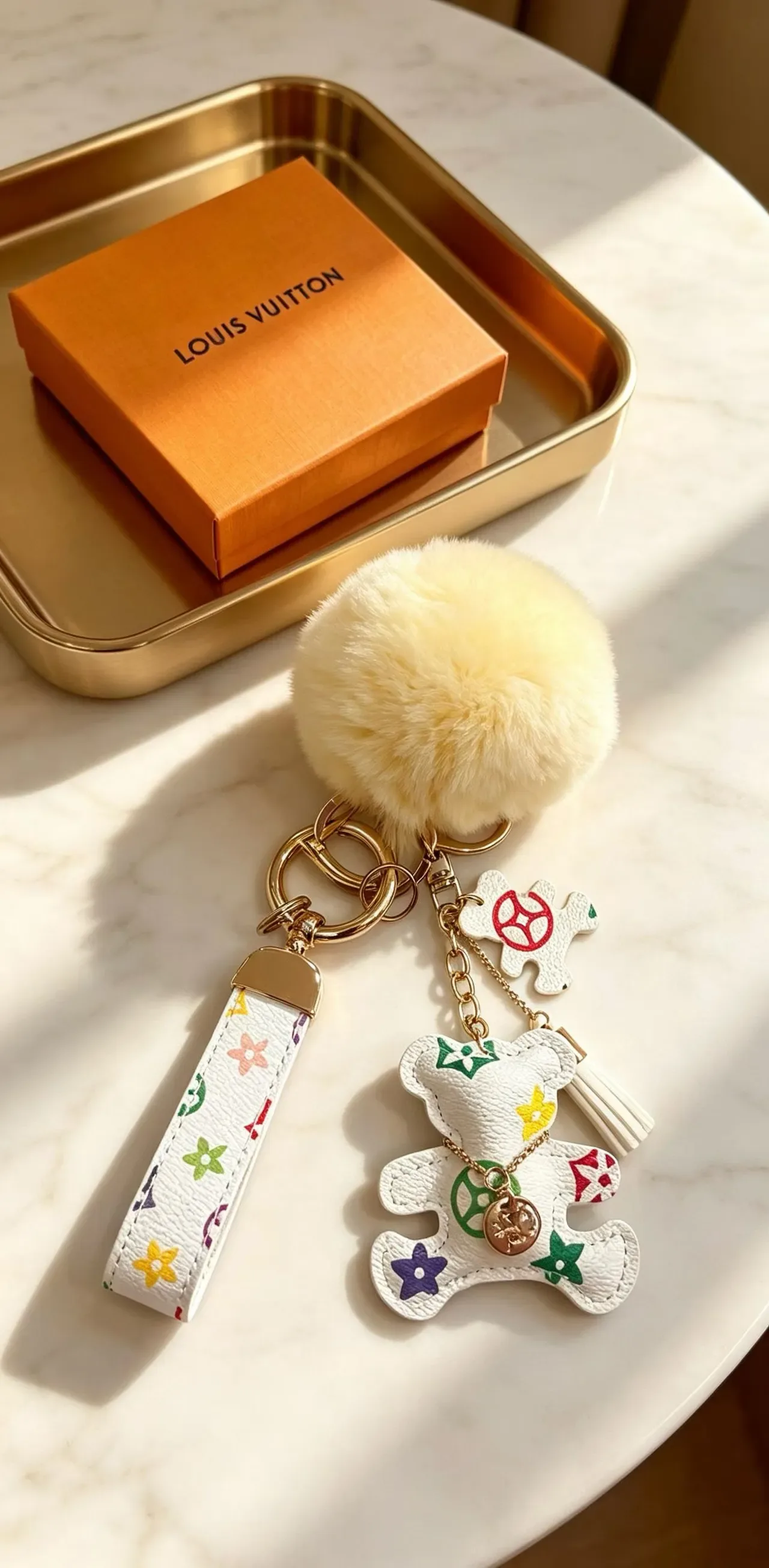 Louis Vuitton Multicolor Beige Monogram Leather Cream Faux-Fur Pom-Pom Phone Accessory 6