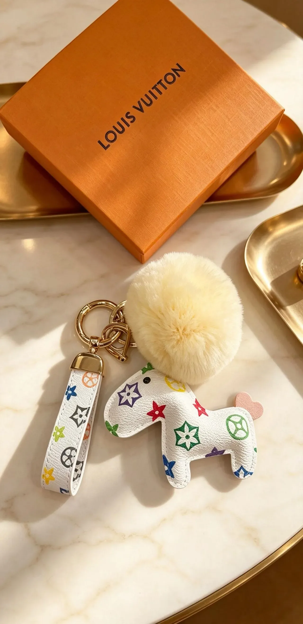 Louis Vuitton Multicolor Beige Monogram Leather Cream Faux-Fur Pom-Pom Phone Accessory 7