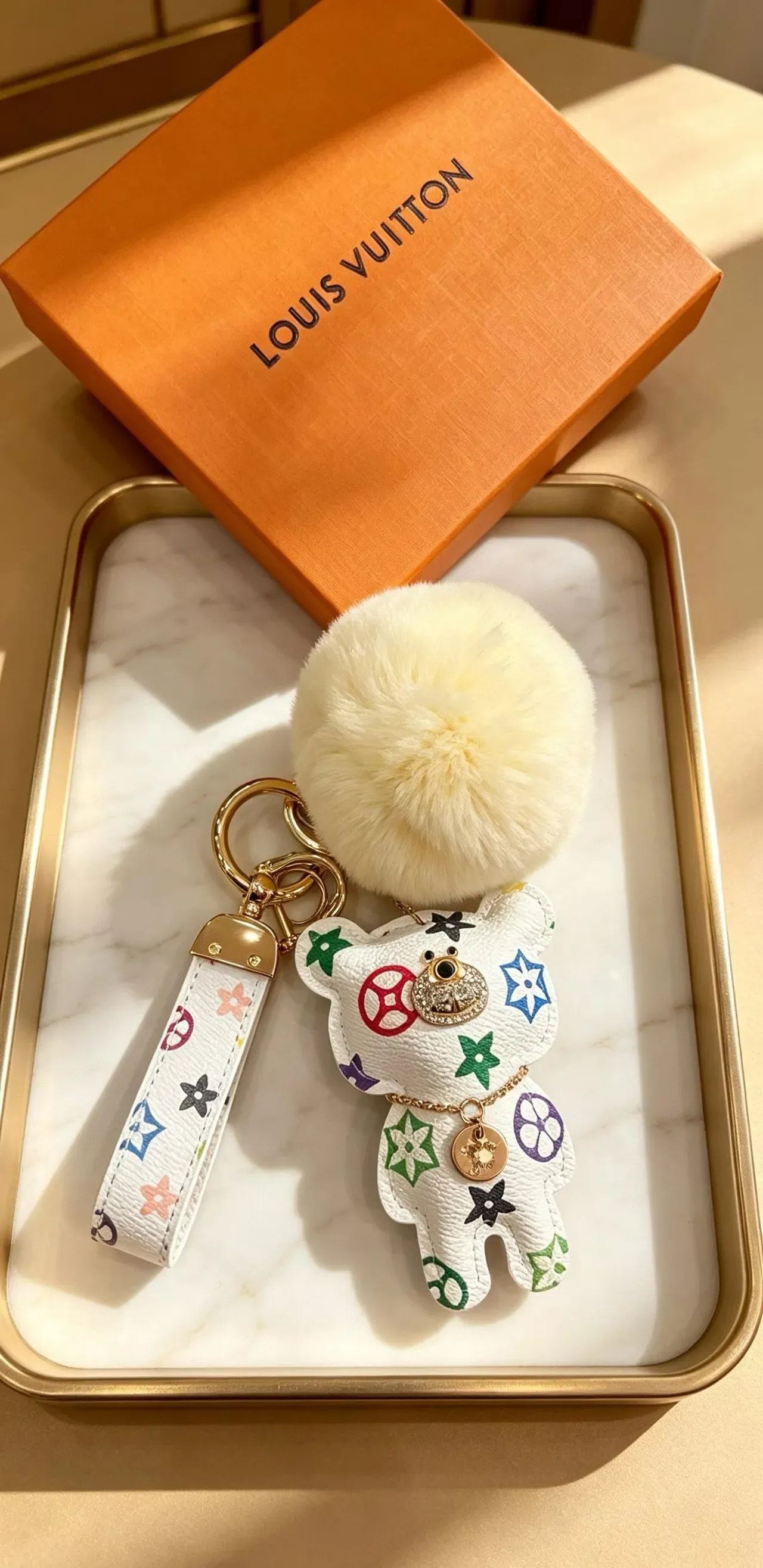 Louis Vuitton Multicolor Beige Monogram Leather Cream Faux-Fur Pom-Pom Phone Accessory 8
