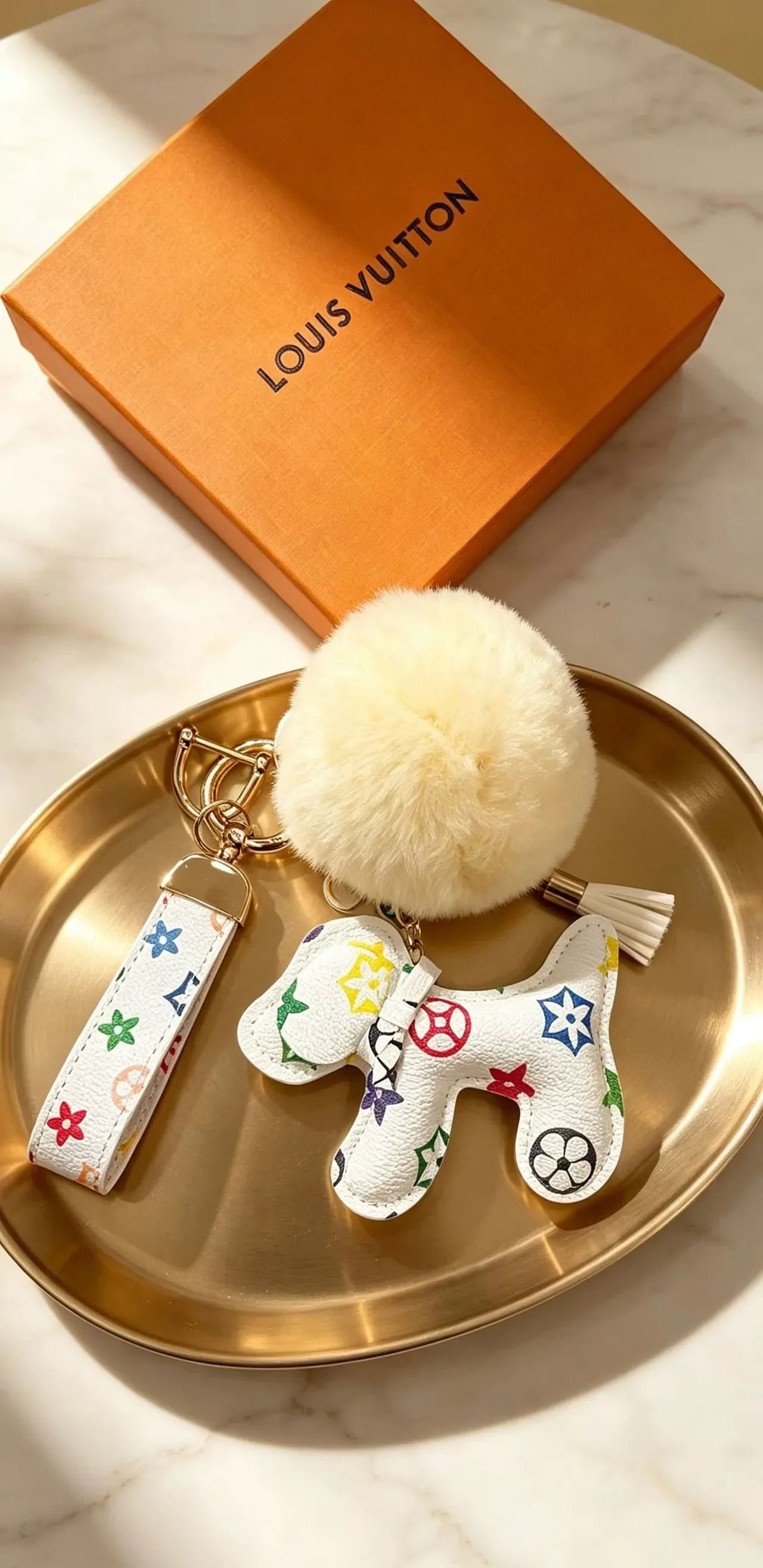 Louis Vuitton Multicolor Beige Monogram Leather Cream Faux-Fur Pom-Pom Phone Accessory 9