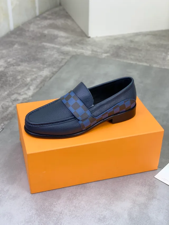 Louis Vuitton Navy Blue Pebbled Leather Checkerboard Strap Loafer 4