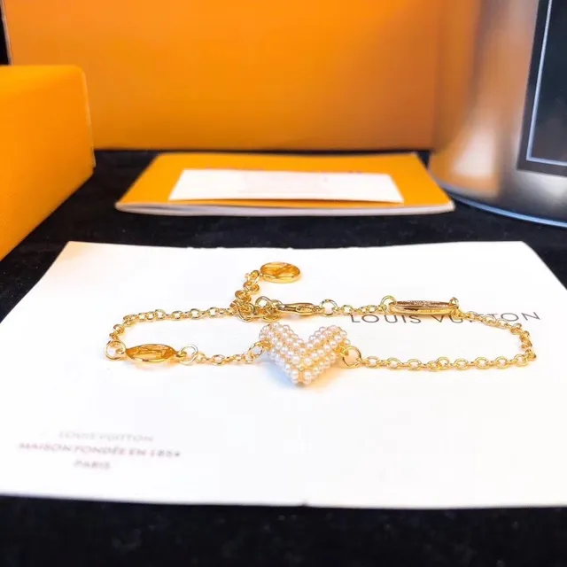 Louis Vuitton Pearl Heart Bracelet Gold White Chain Pendant Bracelet 9