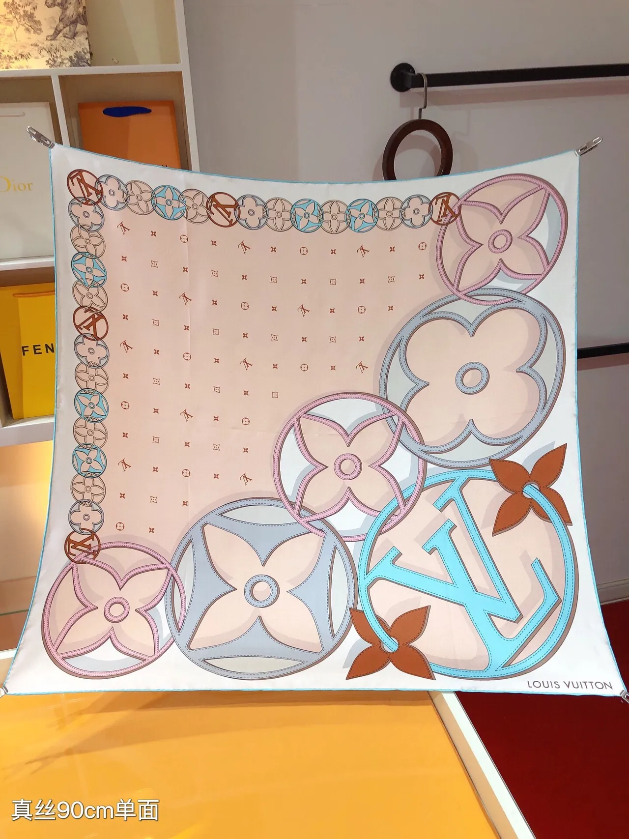 Louis Vuitton Pink Blue Square Printed Monogram Silk Scarf 5