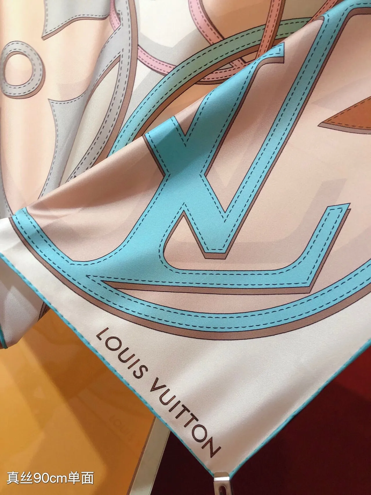 Louis Vuitton Pink Blue Square Printed Monogram Silk Scarf 6