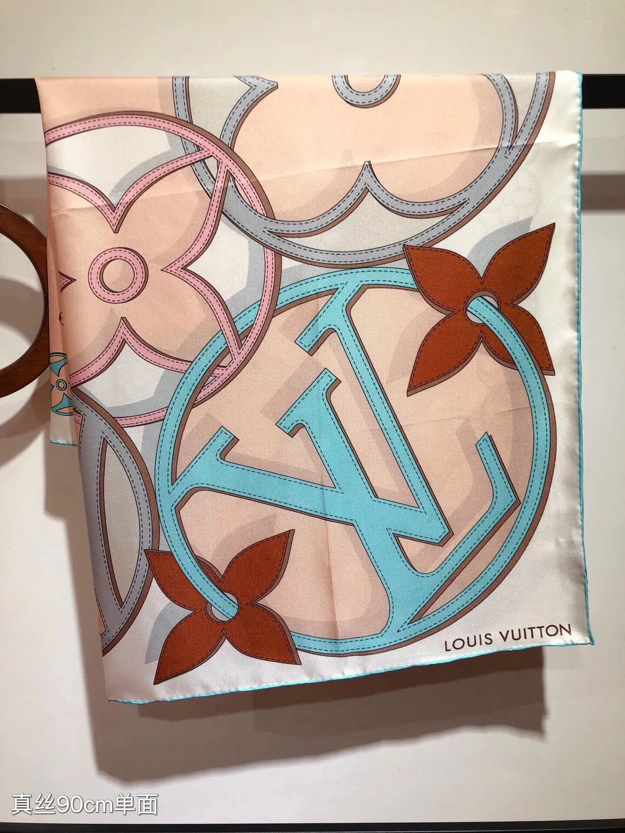 Louis Vuitton Pink Blue Square Printed Monogram Silk Scarf 8