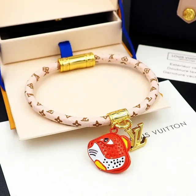 Louis Vuitton Pink Gold Woven Monogram Band Enamel Tiger Charm Bracelet 5