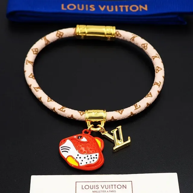 Louis Vuitton Pink Gold Woven Monogram Band Enamel Tiger Charm Bracelet 7