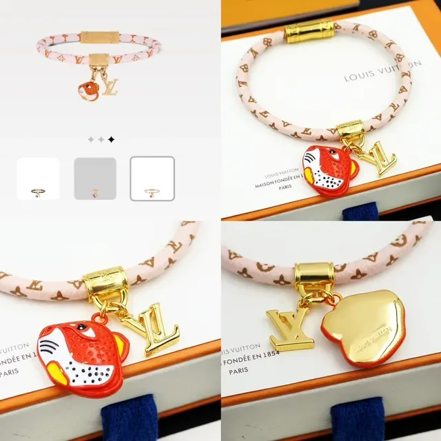Louis Vuitton Pink Gold Woven Monogram Band Enamel Tiger Charm Bracelet 8