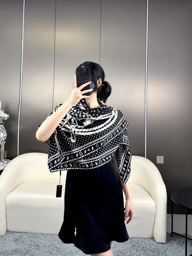 Louis Vuitton Printed Monogram Border Black and White Silk Scarf 2