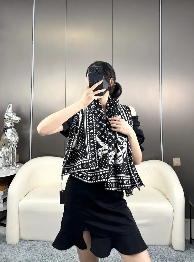 Louis Vuitton Printed Monogram Border Black and White Silk Scarf 3