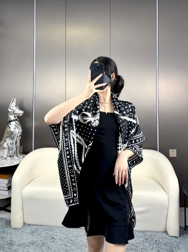 Louis Vuitton Printed Monogram Border Black and White Silk Scarf 4