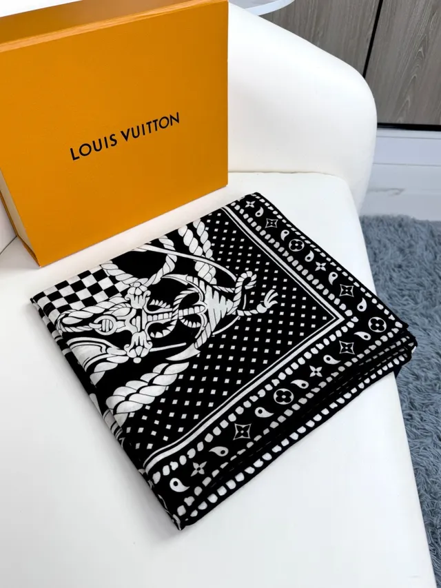 Louis Vuitton Printed Monogram Border Black and White Silk Scarf 6