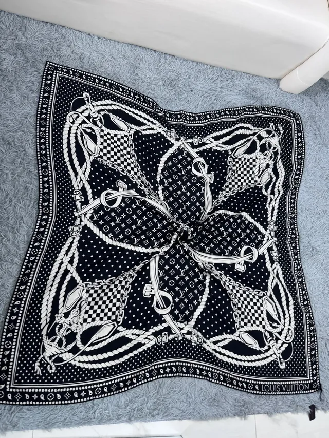 Louis Vuitton Printed Monogram Border Black and White Silk Scarf 7