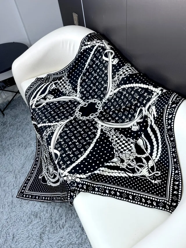 Louis Vuitton Printed Monogram Border Black and White Silk Scarf 8