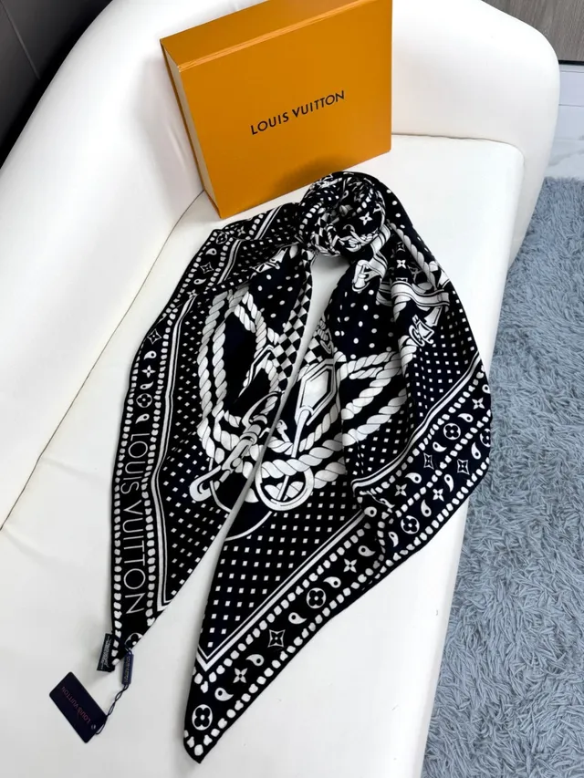 Louis Vuitton Printed Monogram Border Black and White Silk Scarf 9