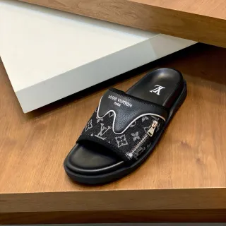 Louis Vuitton Run Away काला सफेद मोनोग्राम पट्टी तरंगदार पाइपिंग स्लिपर्स