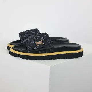 Louis Vuitton Run Away Black Yellow Monogrammed Fabric Strap Metallic LV Logo Slippers