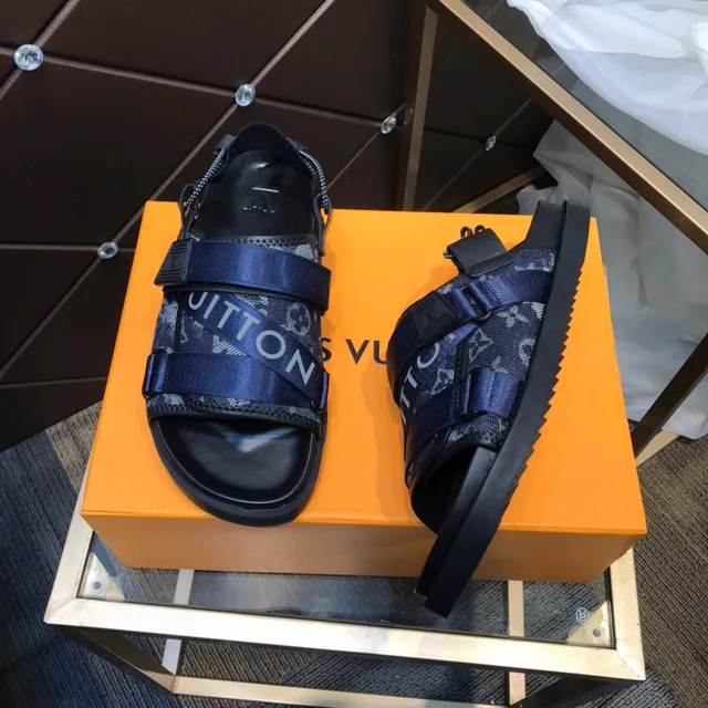 Louis Vuitton Run Away Navy Black Multi-Strap Monogram-Print Webbing Casual Sandals 8