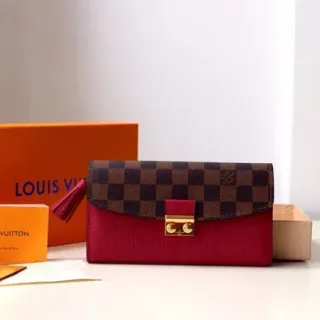 Louis Vuitton Sarah Red Brown Damier Check Canvas Flap Smooth Leather Body Long Wallet