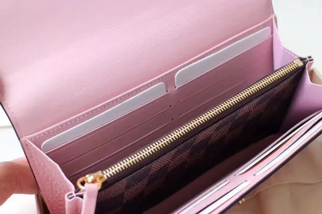 Louis Vuitton Sarah rouge marron Damier Check toile clapet cuir lisse corps portefeuille long 3