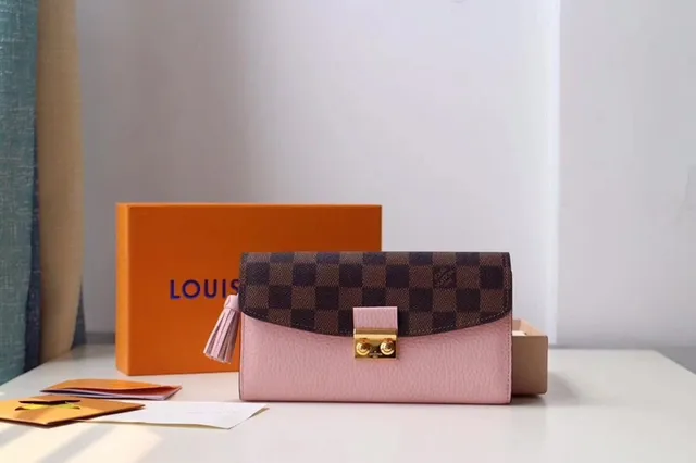 Louis Vuitton Sarah rouge marron Damier Check toile clapet cuir lisse corps portefeuille long 6