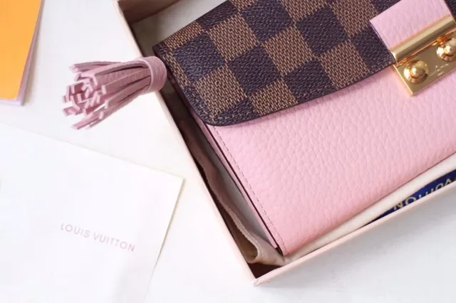 Louis Vuitton Sarah rouge marron Damier Check toile clapet cuir lisse corps portefeuille long 7