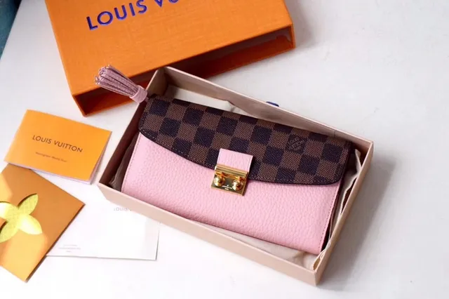Louis Vuitton Sarah rouge marron Damier Check toile clapet cuir lisse corps portefeuille long 9