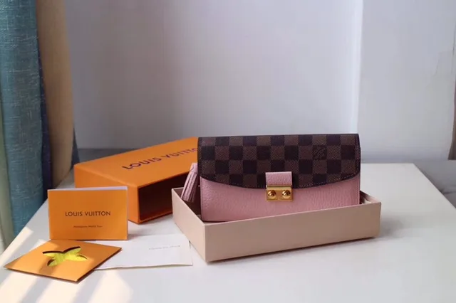 Louis Vuitton Sarah rouge marron Damier Check toile clapet cuir lisse corps portefeuille long 10