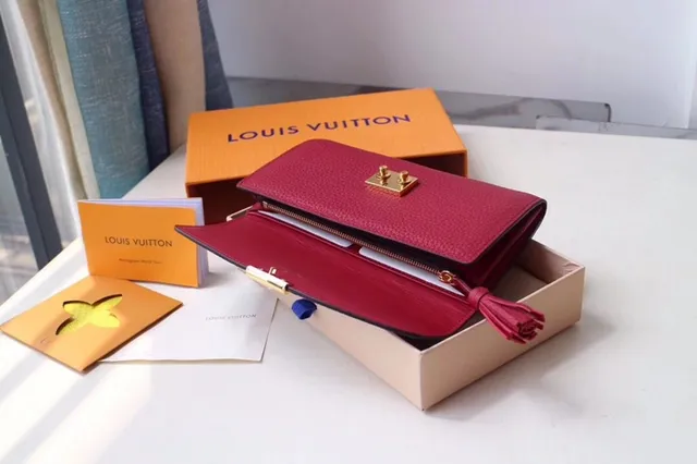 Louis Vuitton Sarah rouge marron Damier Check toile clapet cuir lisse corps portefeuille long 12