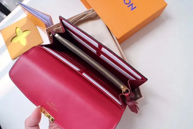 Louis Vuitton Sarah rouge marron Damier Check toile clapet cuir lisse corps portefeuille long 13