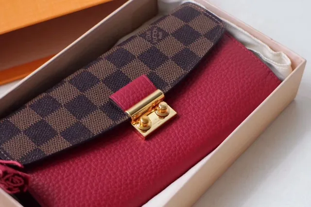 Louis Vuitton Sarah rouge marron Damier Check toile clapet cuir lisse corps portefeuille long 15