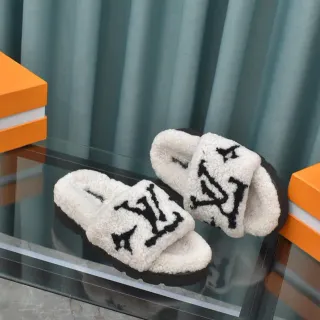 Louis Vuitton Shearling Slide Zapatillas Blancas y Negras