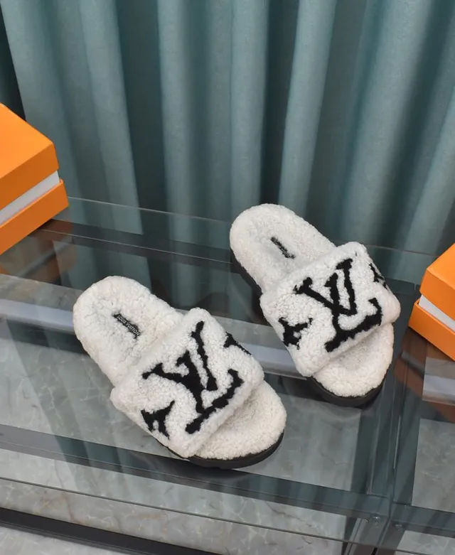 Louis Vuitton Shearling Slide White Black Slippers 4